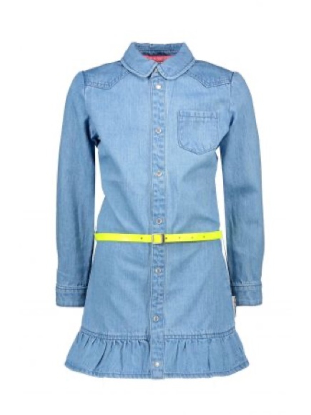 Girls' Light Denim Shirt Dress with Neon Yellow Belt
